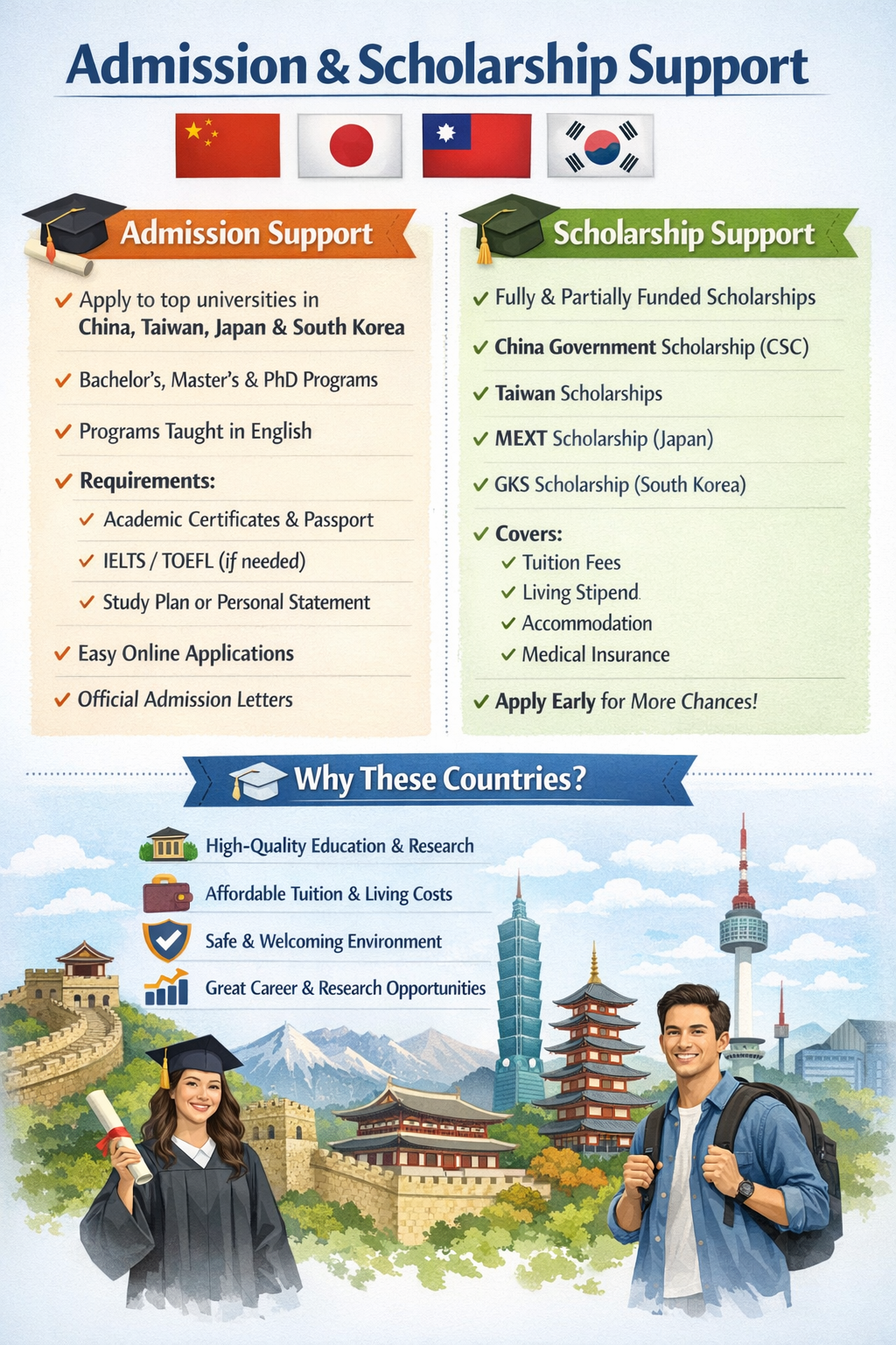 Admission + Scholarship Support (Focus on China, Taiwan, Japan, South Korea